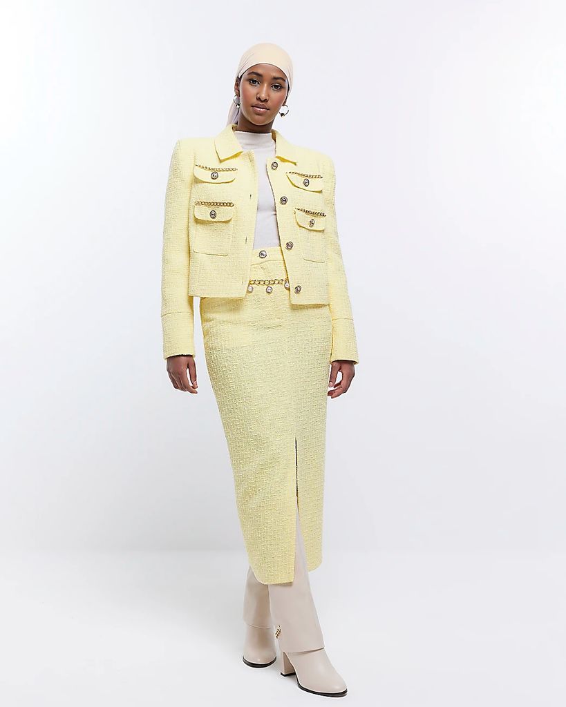 Womens Yellow Boucle Belted Pencil Midi Skirt