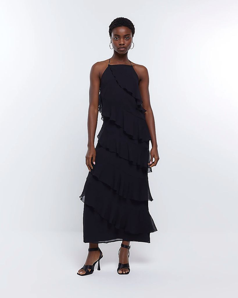 Womens Black Ruffle Maxi Dress