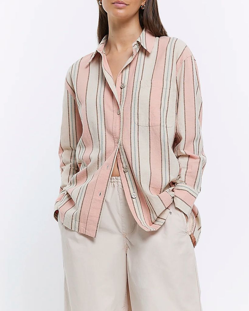 Womens Pink Linen Blend Striped Oversized Shirt