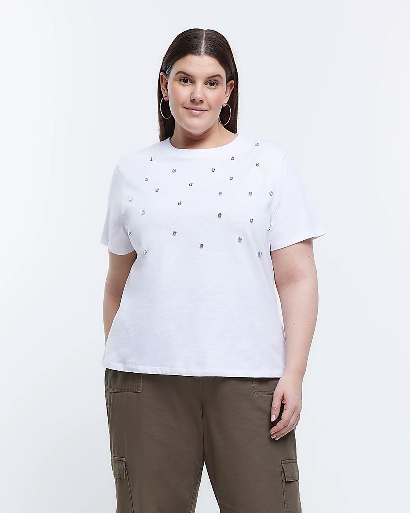 Womens Plus White Diamante Detail T-Shirt