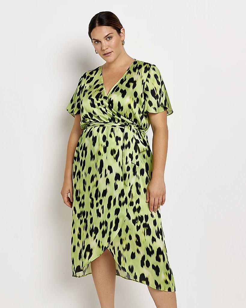 Womens Plus Yellow Animal Print Wrap Midi Dress