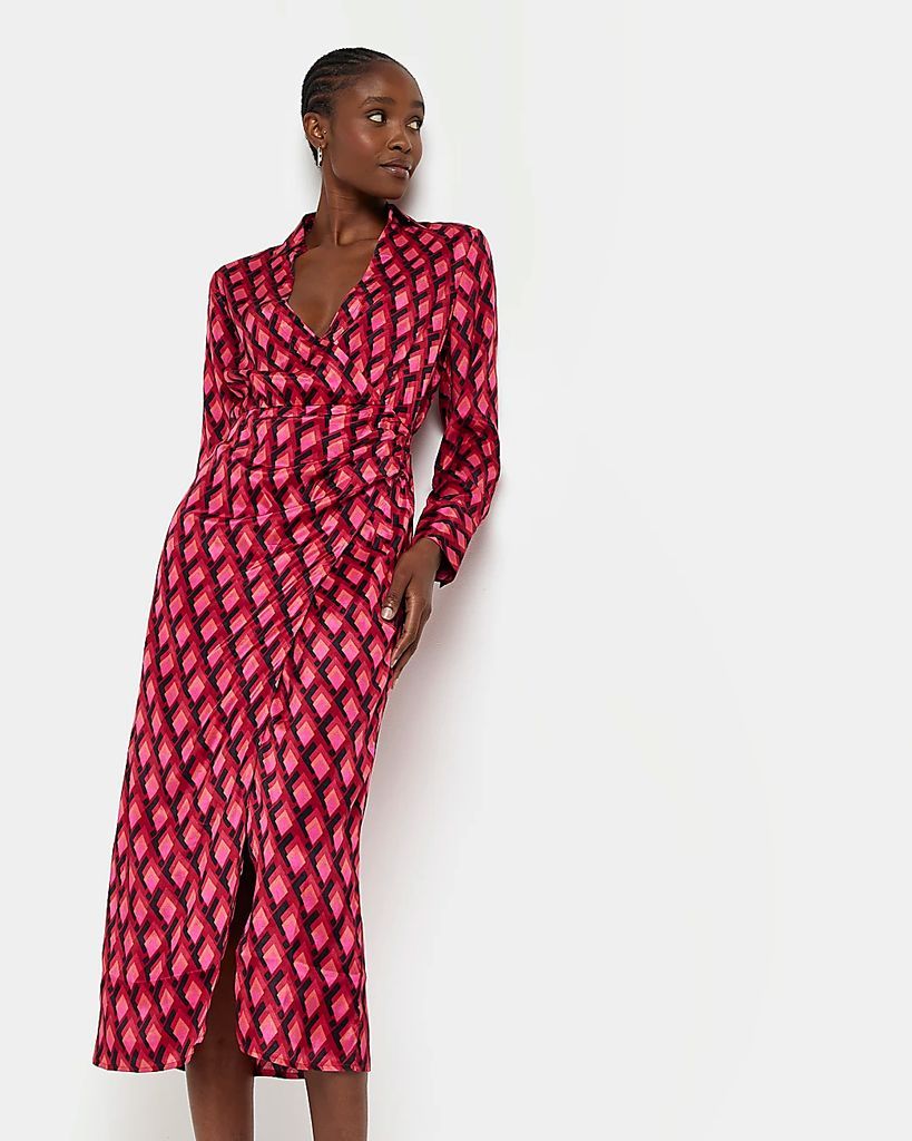 Womens Pink Printed Wrap Midi Shirt Dress