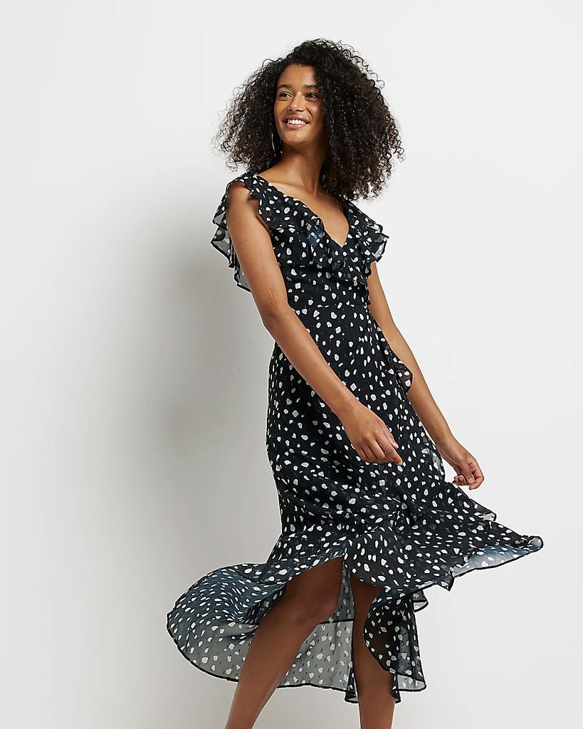 Womens Black Spot Frill Wrap Midi Dress