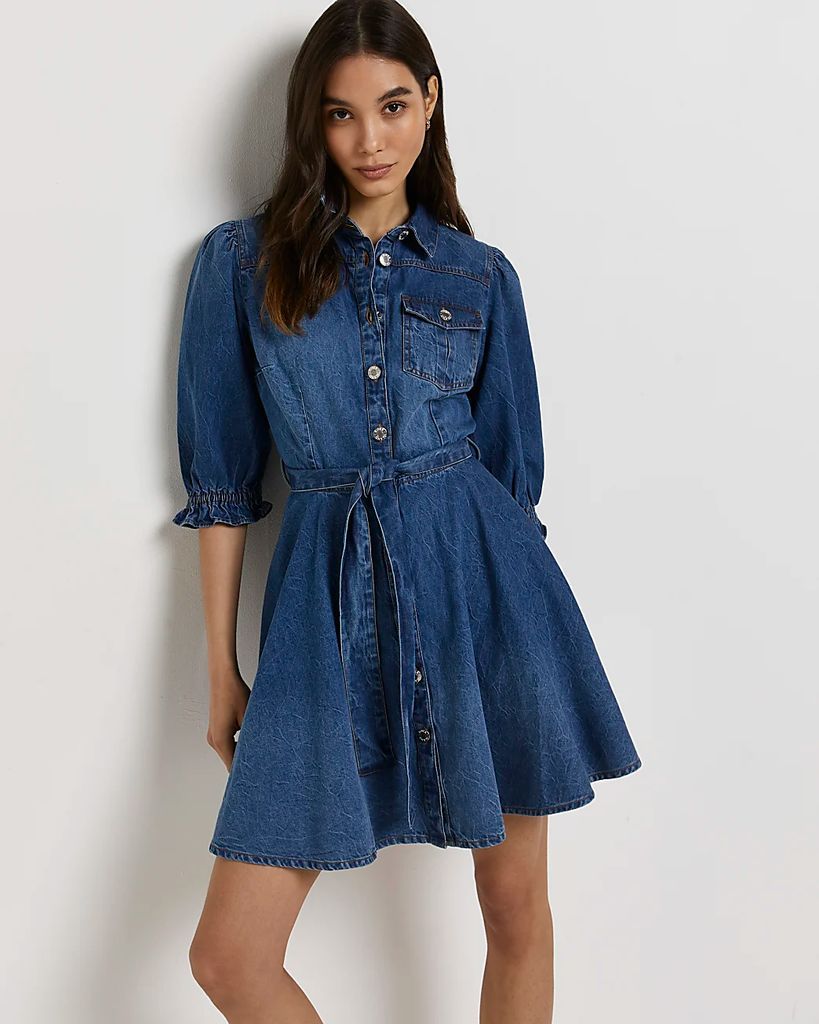 Womens Blue Denim Mini Shirt Dress