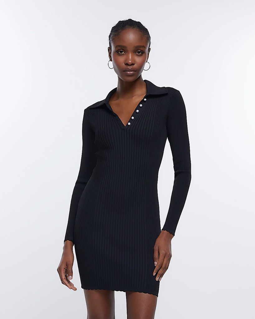 Womens Black Knit Collared Long Sleeve Mini Dress