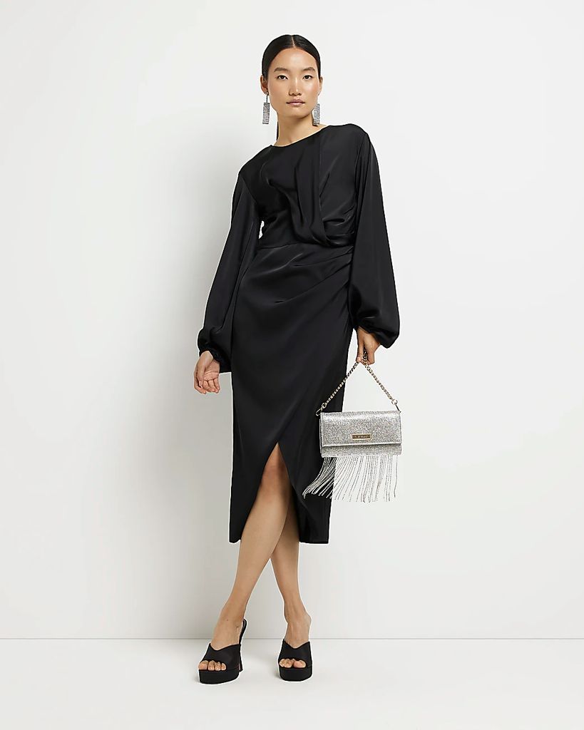 Womens Black Satin Wrap Midi Dress