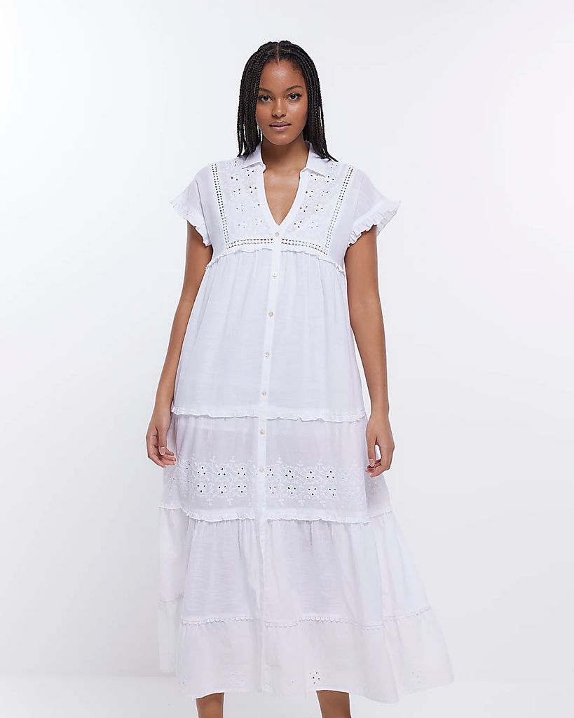 Womens White Lace Maxi Shirt Dress