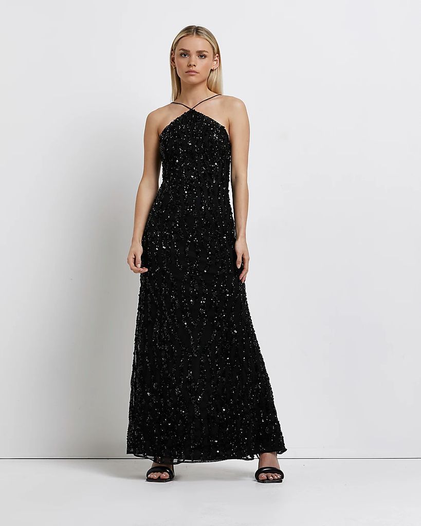 Womens Petite Black Sequin Halter Neck Maxi Dress