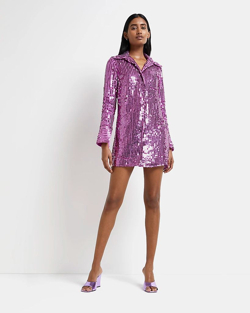 Womens Purple Sequin Mini Shirt Dress
