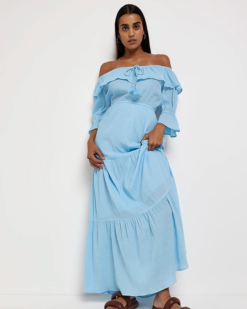 Womens Blue Bardot Maxi Dress