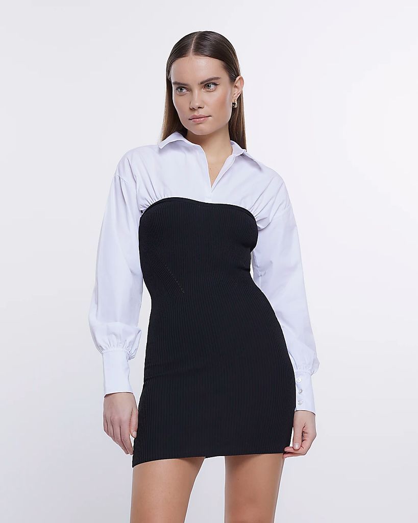 Womens Black Knit Mini Shirt Dress
