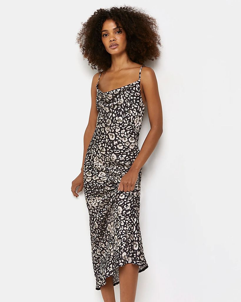 Womens Khaki Leopard Print Satin Midi Dress