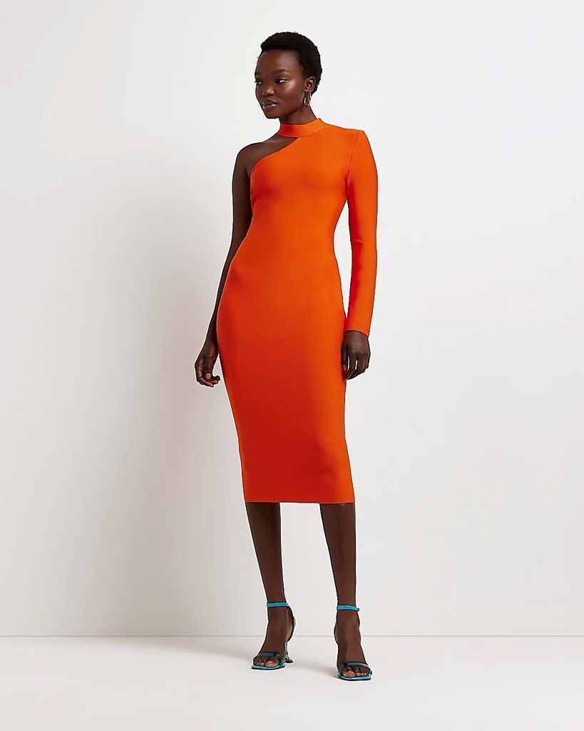 Womens Orange One Shoulder Midi Bodycon Dress