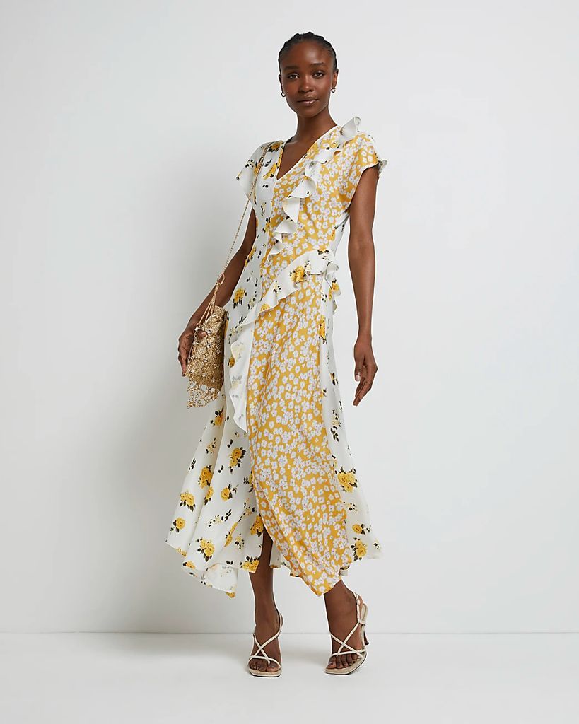 River Island Womens Yellow Floral Frill Maxi Dress