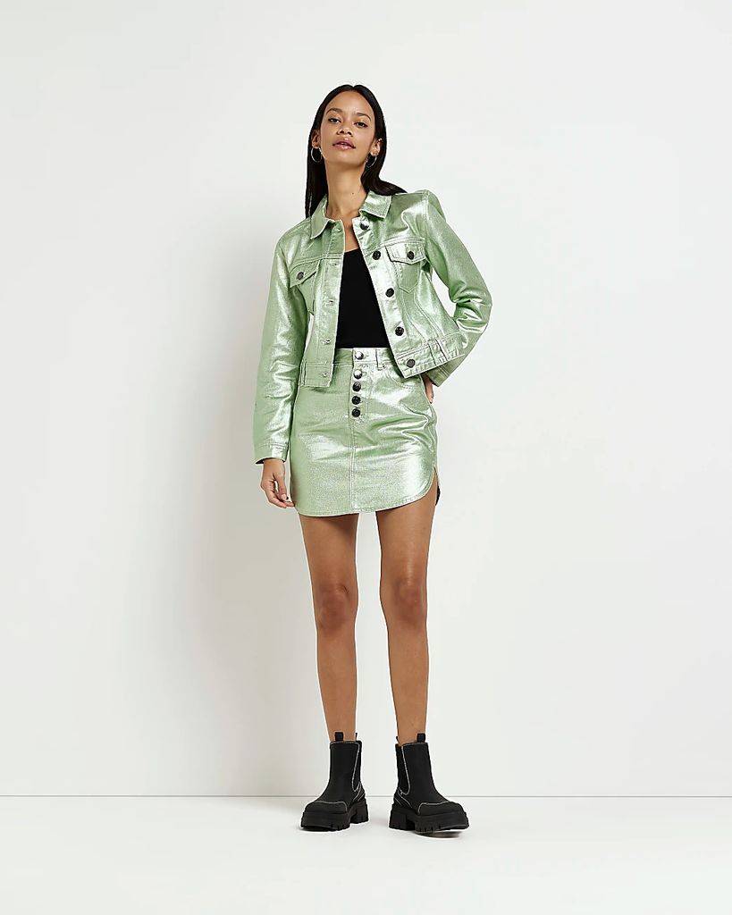 Womens Green Denim Metallic Coated Mini Skirt