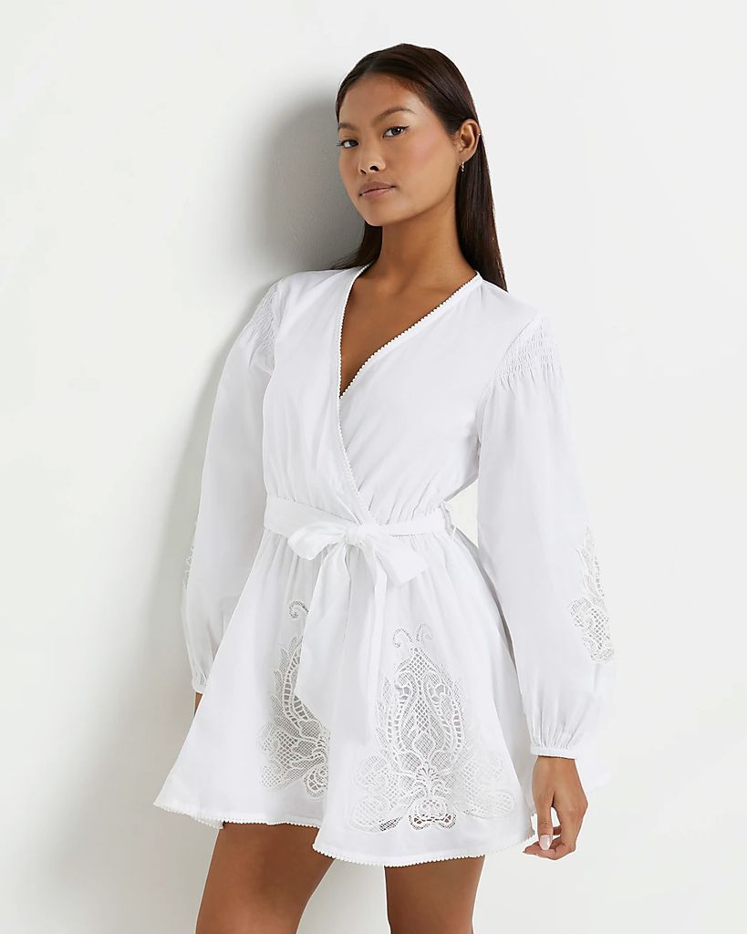 River Island Womens Petite White Embroidered Wrap Mini Dress