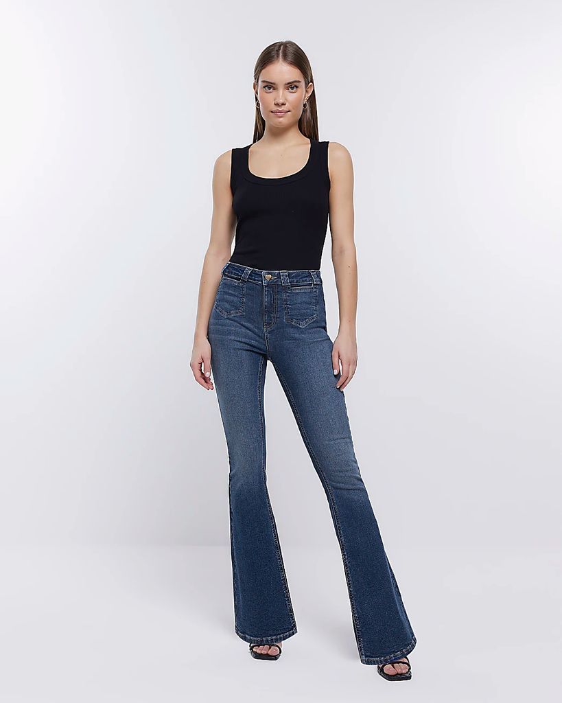 Womens Blue Mid Rise Flared Jeans