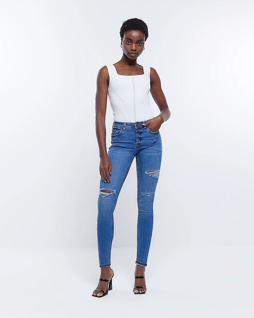 River Island Womens Blue Ripped Mid Rise Skinny Jeans