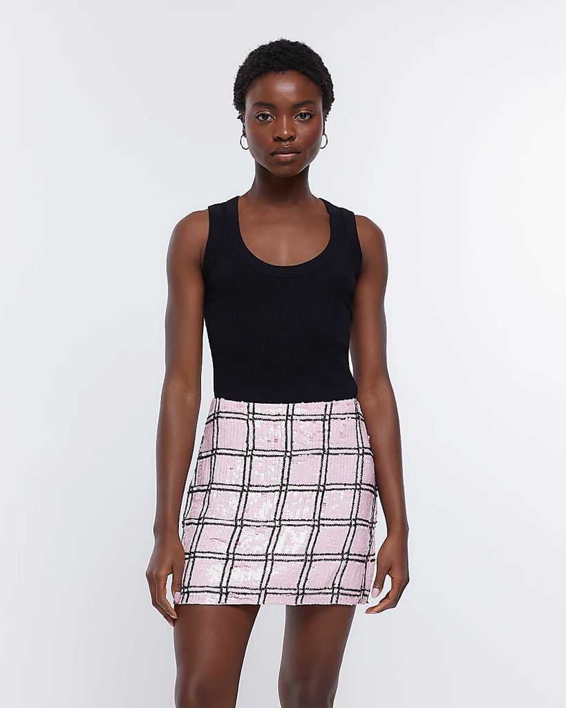 Womens Pink Check Mini Sequin Skirt