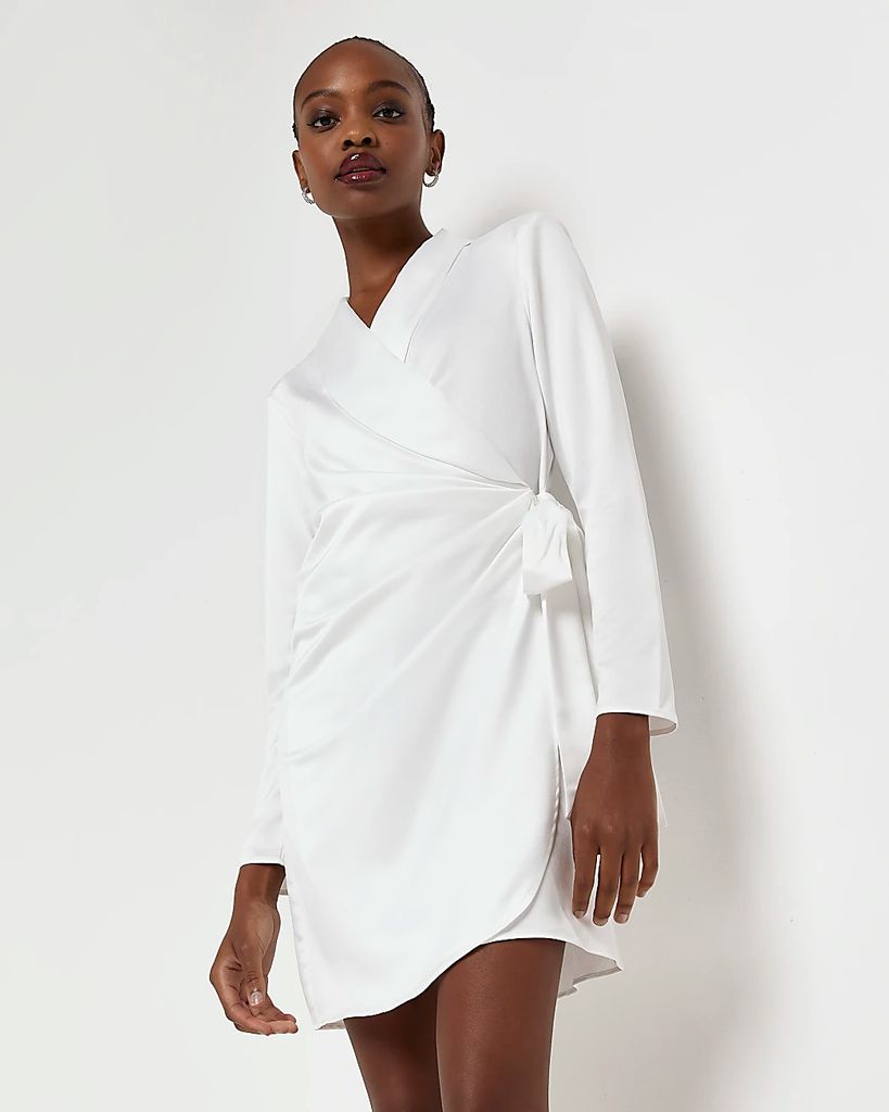 Womens Cream Satin Long Sleeve Wrap Mini Dress