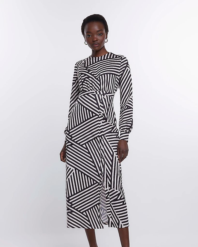 Womens Black Stripe Long Sleeve Midi Dress