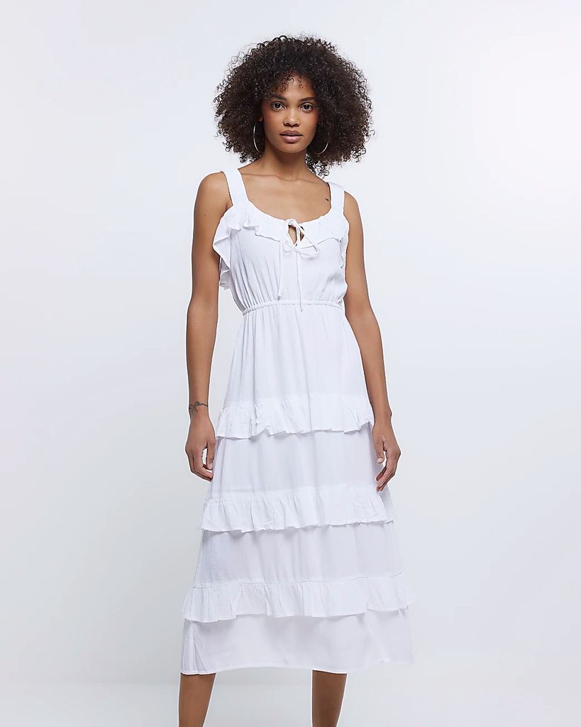 Womens White Frill Layered Midi Dress