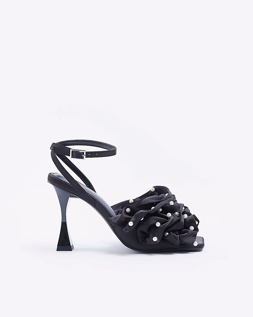 Womens Black Ruffle Heeled Sandals