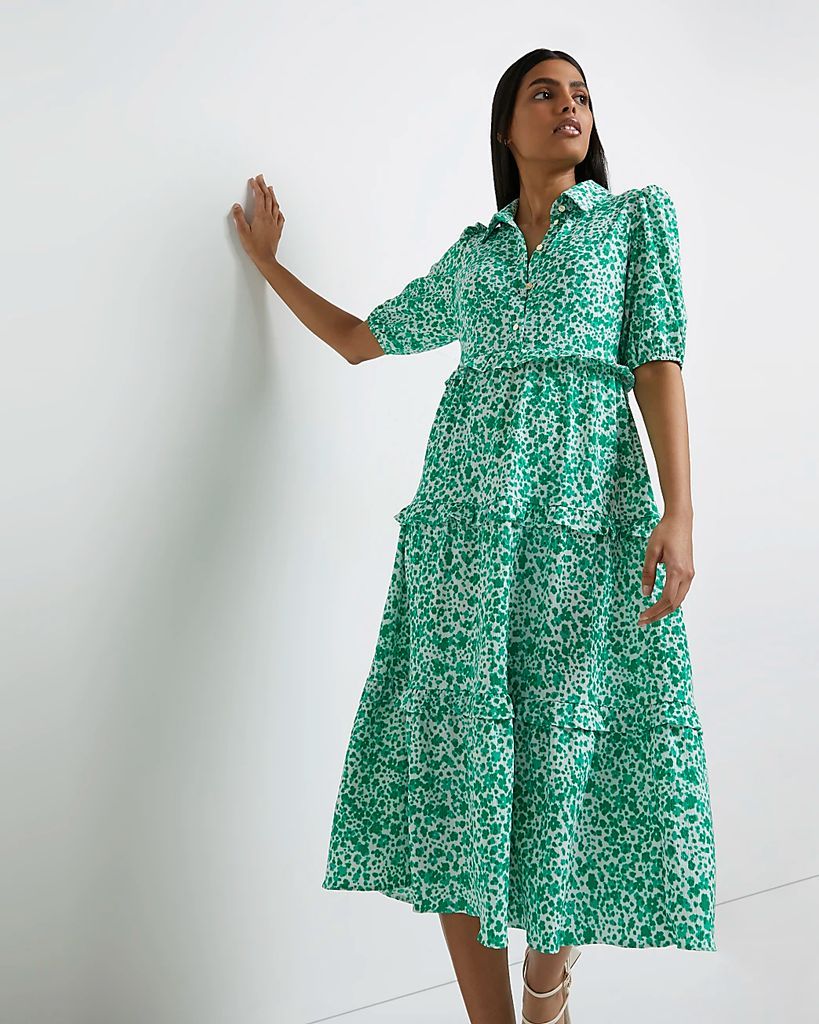 Womens Green Printed Midi Shirt Dress