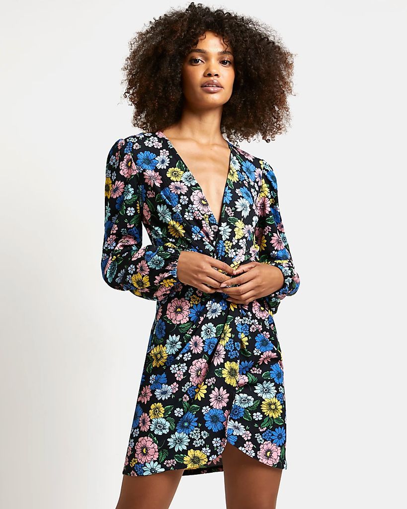 Womens Black Floral Wrap Mini Dress