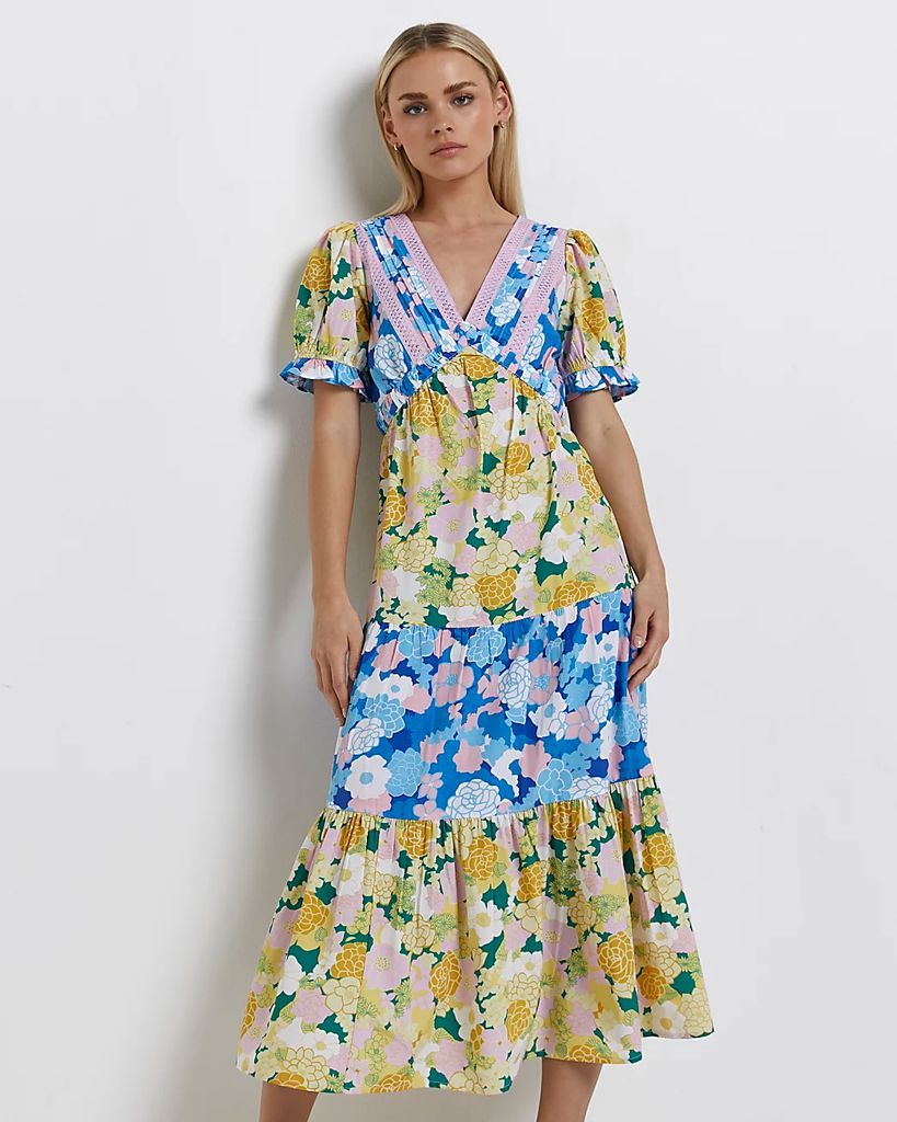 Womens Petite Yellow Mixed Floral Tiered Maxi Dress