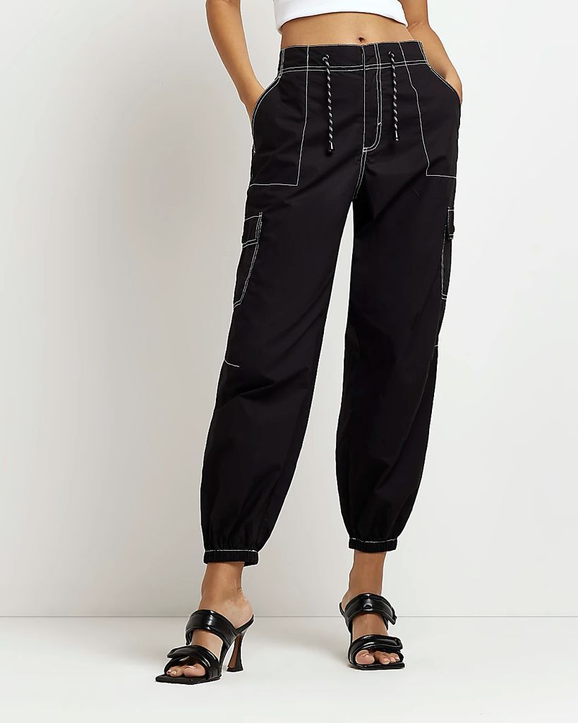Womens Black Mid Rise Tapered Parachute Trousers