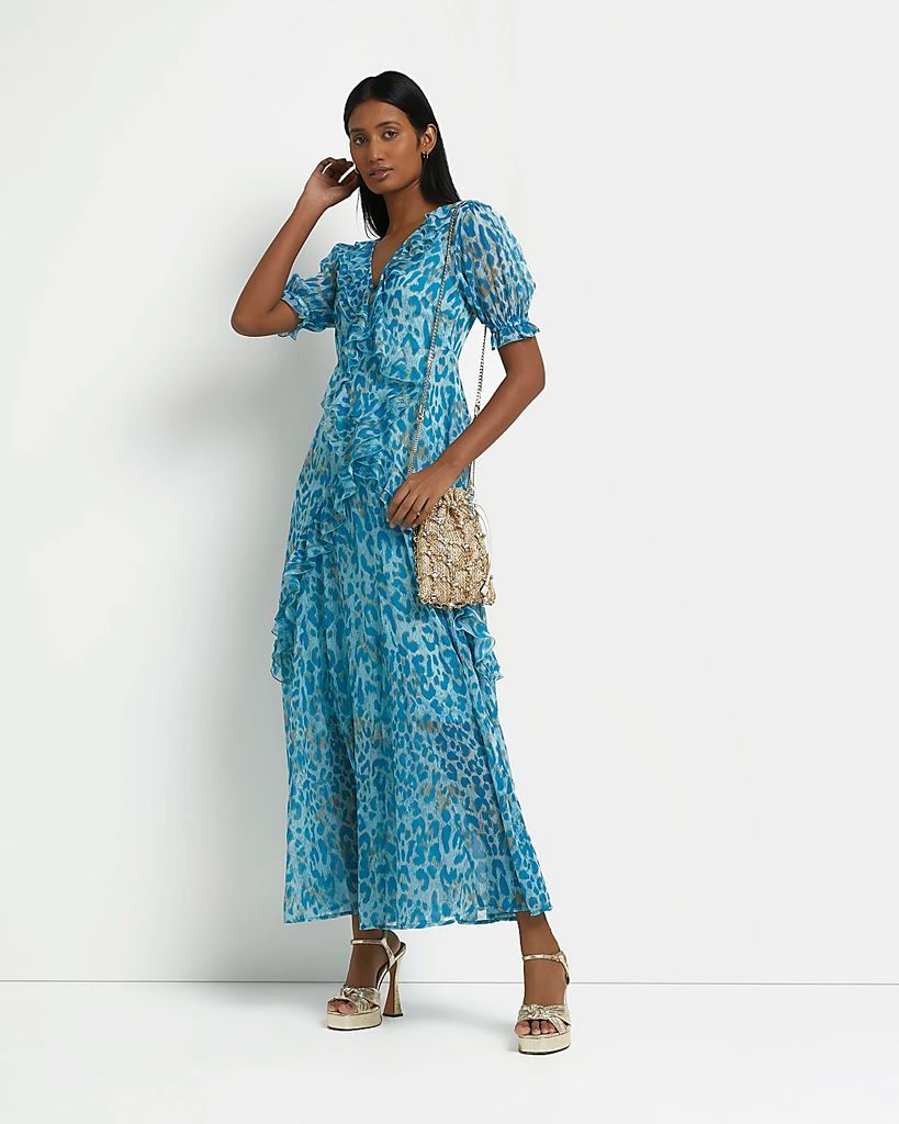 River Island Womens Blue Leopard Print Frill Maxi Dress