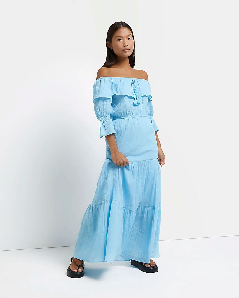 River Island Womens Petite Blue Bardot Maxi Dress