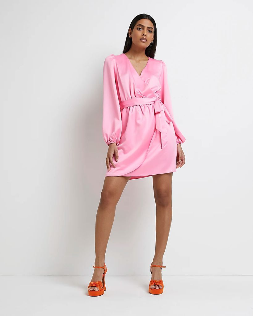 Womens Pink Long Sleeve Satin Wrap Mini Dress