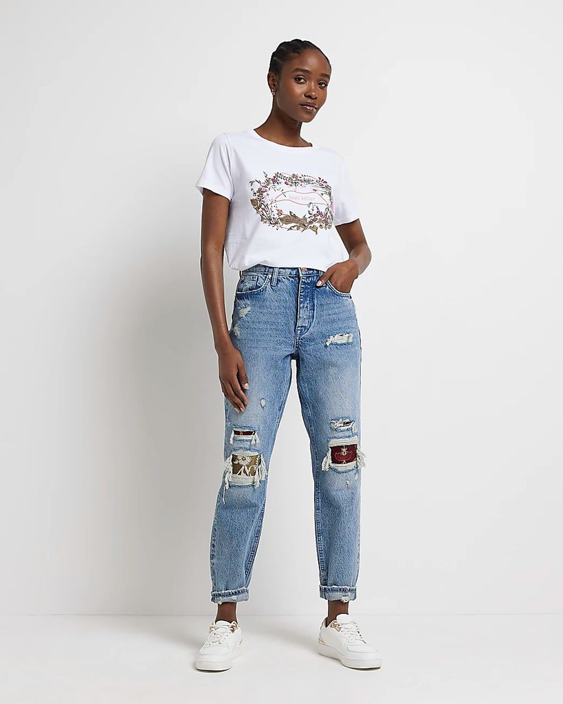 River Island Womens Blue Ripped High Waisted Mom Jeans