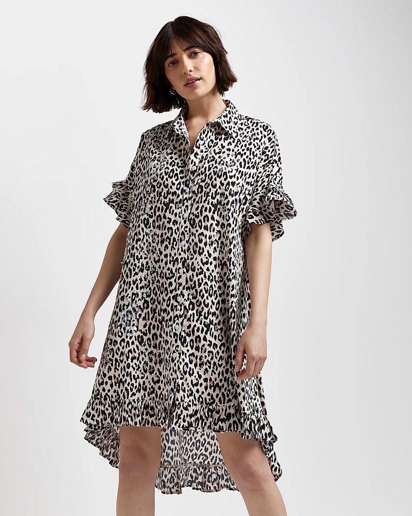 Womens Black Leopard Print Mini Shirt Dress