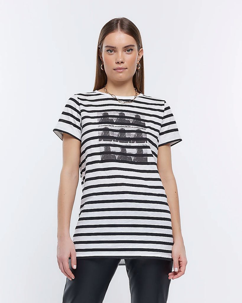 Womens White Stripe Graphic Print T-Shirt