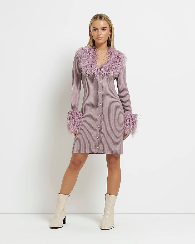 River Island Womens Petite Purple Faux Fur Bodycon Mini Dress