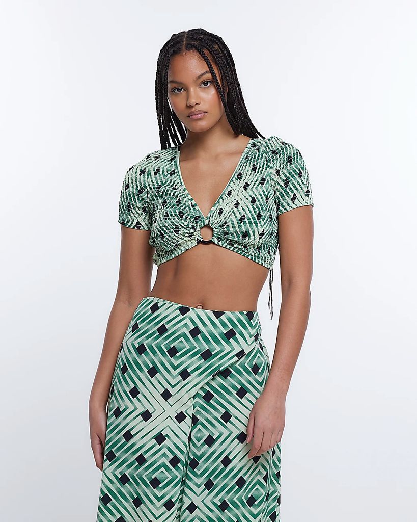 Womens Green Spot Shirred Cropped Top