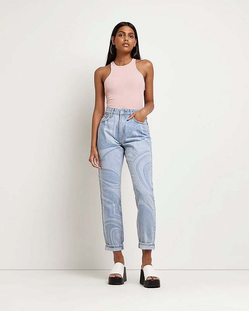 Womens Blue Printed High Rise Mom Jeans