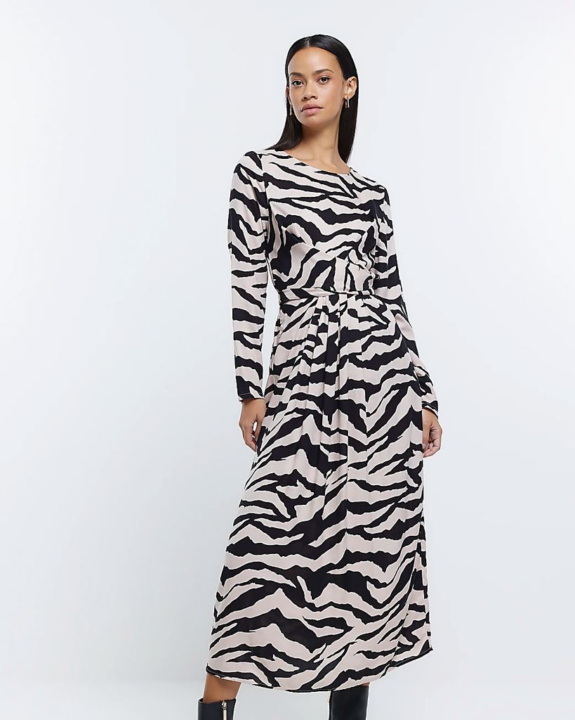 Womens Beige Animal Print Swing Midi Dress