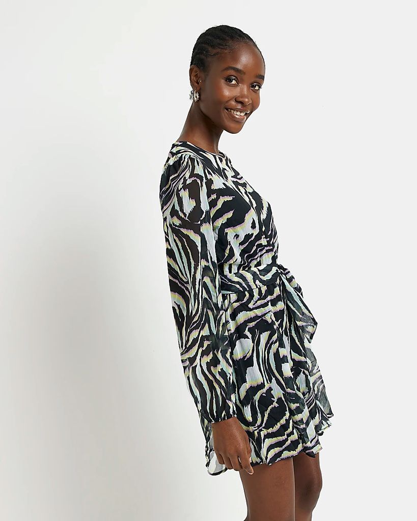 Womens Black Long Sleeve Animal Print Mini Dress