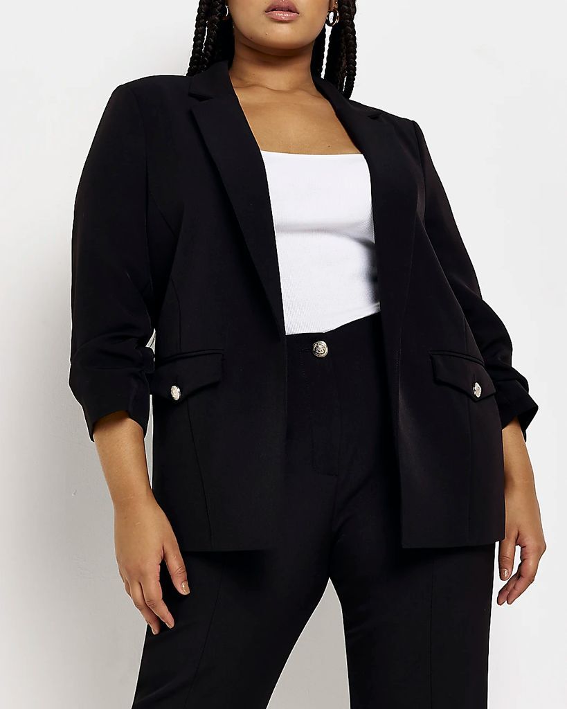Womens Plus Black Ruched Sleeve Blazer