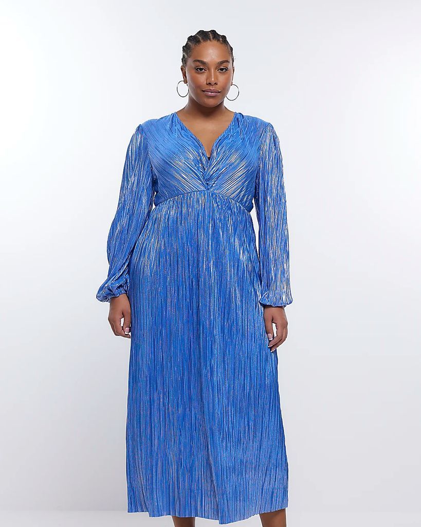 Womens Plus Blue Plisse Metallic Swing Midi Dress