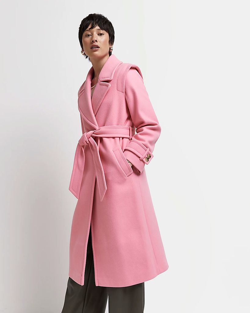Womens Petite Pink Belted Trench Coat