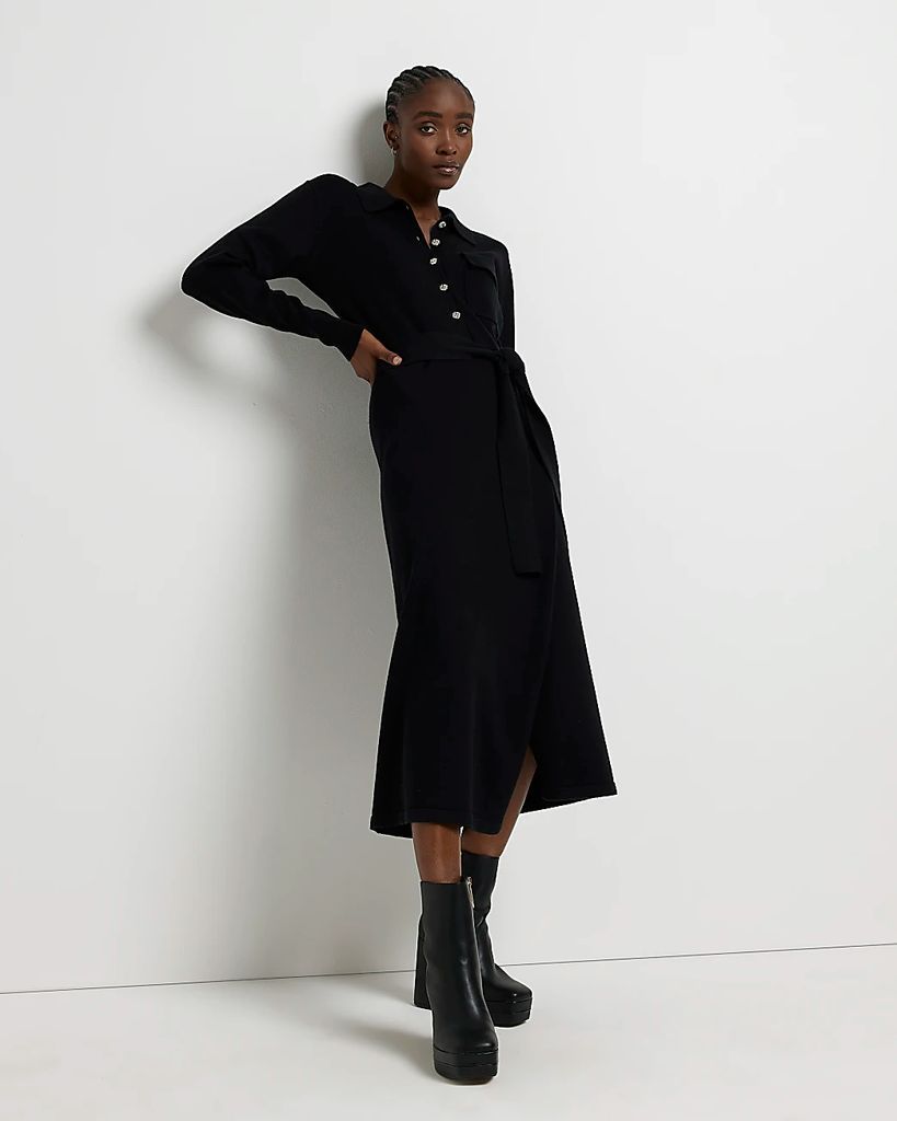 Womens Black Knit Belted Jumper Midi Dress