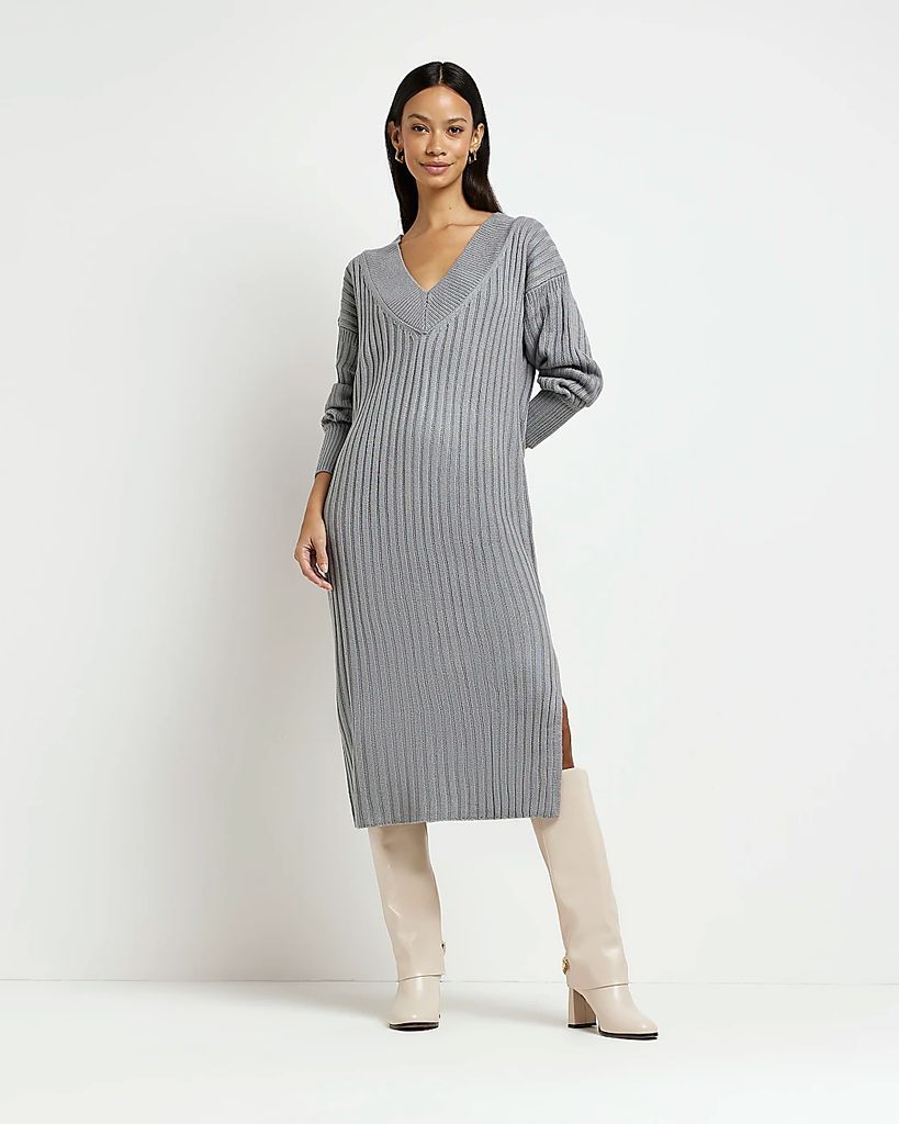 Womens Grey Knit Jumper Midi Dress