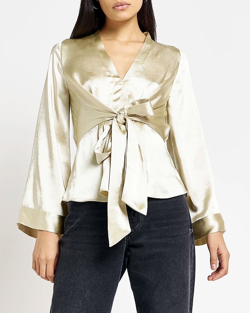 Womens Green Satin Tie Front Blouse