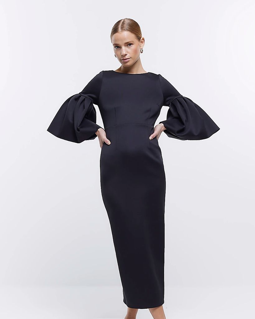Womens Black Bell Sleeve Bodycon Midi Dress