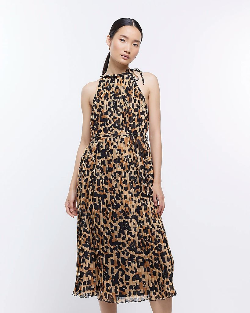 Womens Brown Pleated Animal Print Midi Dress